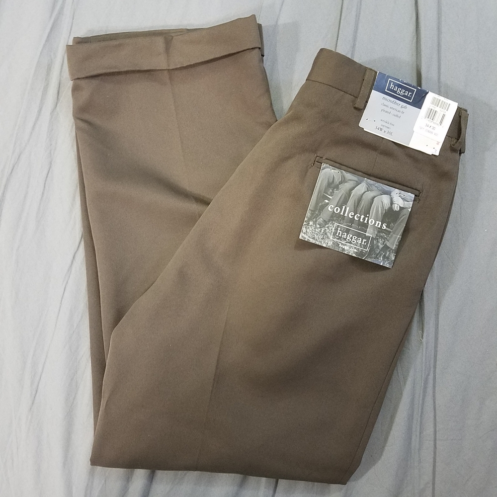 Haggar pants pleated cuff tan hem 34x30 espresso New with tabs